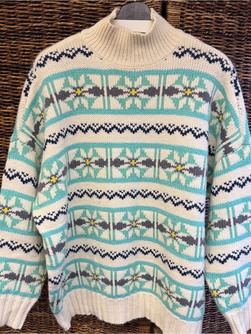 American Eagle Outfitters Cream & Aqua Fair Isle Mock Neck Sweater- Large